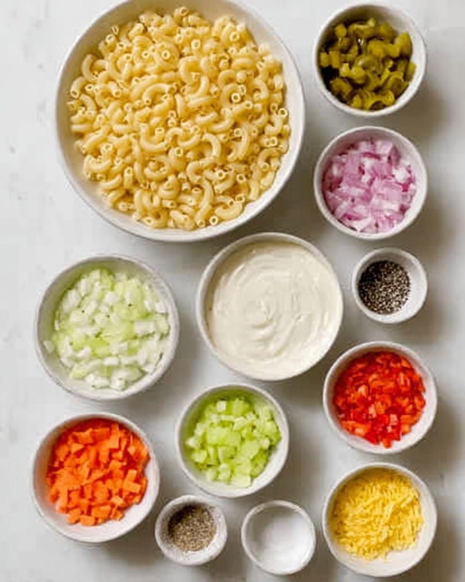 The image shows a top view of many small white bowls arranged neatly on a white marbled surface, each holding different colorful ingredients used for cooking. At the top left, a large white bowl is filled with dry, uncooked elbow pasta shaped like small curved tubes, pale yellow in color. Below it, a bigger white bowl contains smooth, creamy white dressing or sauce that looks thick. Surrounding these large bowls are several smaller white bowls filled with finely chopped vegetables in bright colors: pale pink bits of onion, vivid orange carrots, two shades of green celery and pickles, light and dark yellow of mustard and chopped pickles, and small bits of red peppers. There are also small bowls with what looks like ground pepper and salt in dark and white granules. The bowls are placed closely together, showing a neatly organized and colorful collection of raw ingredients in different textures and shapes, all on a shiny white marbled surface with no visible shadows. photo taken with an iphone --ar 4:5 --v 7