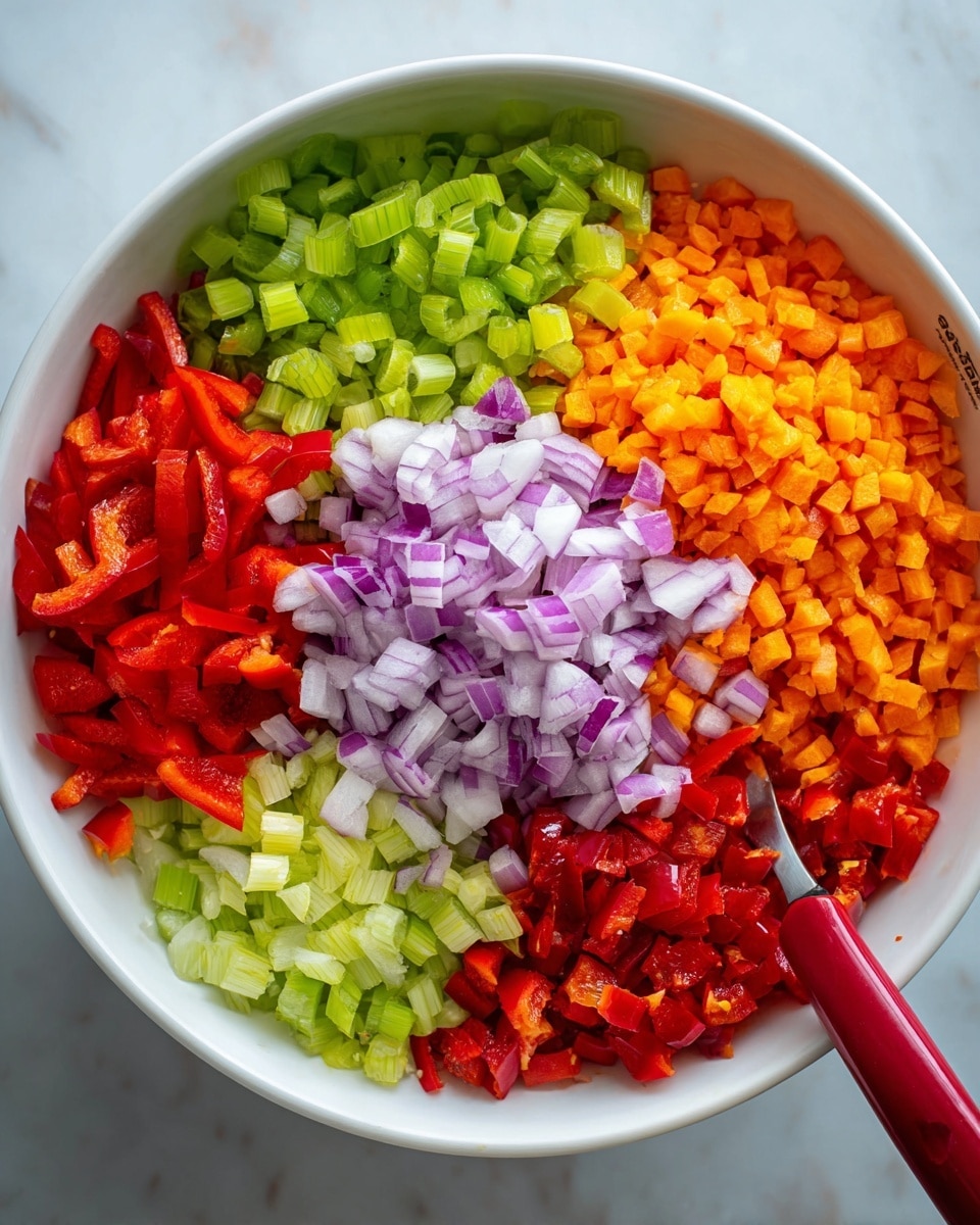 A white bowl filled with seven piles of finely chopped vegetables and ingredients arranged in separate sections: bright green celery pieces on the left center, purple chopped red onions at the bottom, bright orange small carrot cubes at the right top, light yellow minced garlic near the top center, roasted diced red peppers on the right side, light green chopped pickles or peppers near the bottom left, and thin red sliced roasted red peppers on the far left side. A red spoon handle peeks out from the bottom right side of the bowl, set on a white marbled surface. Photo taken with an iphone --ar 4:5 --v 7