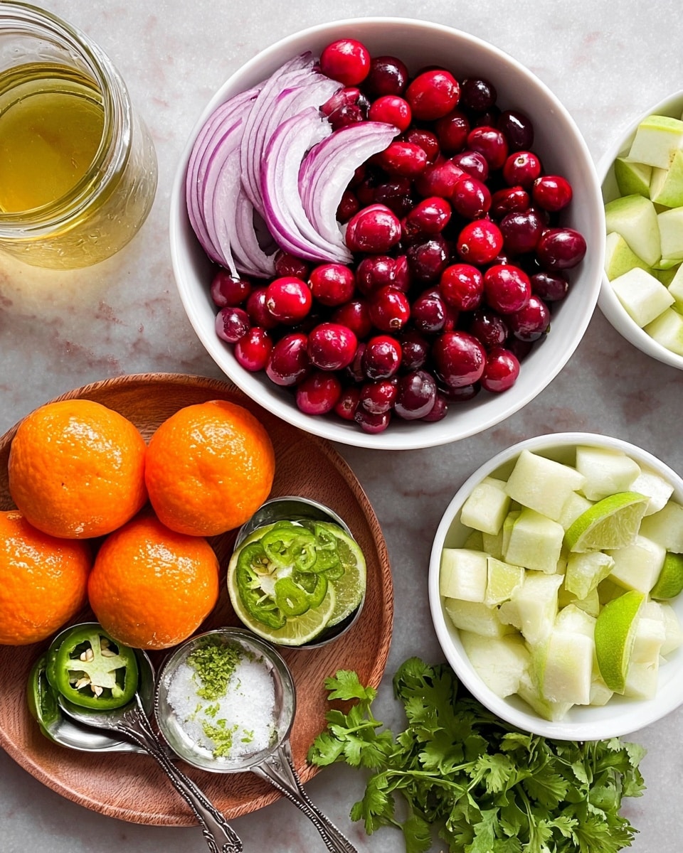 The image shows several white bowls on a white marbled surface, each with different fresh ingredients. The largest bowl in the center contains bright red cranberries with a shiny and smooth texture. To the top right, a smaller white bowl holds pale green apple chunks, looking crisp and slightly glossy. To the upper left, another white bowl contains wedges of purple onion with a slightly translucent and layered texture. A round wooden plate holds halved bright orange tangerines with a shiny, juicy look, green lime halves with a slightly rough surface, and crisp green jalapeño pieces sliced in half showing seeds inside. Along with these, two measuring spoons are filled with white salt and green zest, placed on the wooden plate. Fresh green cilantro with leafy texture is spread at the bottom right. A glass jar with a clear yellowish liquid is seen at the top left of the image. photo taken with an iphone --ar 4:5 --v 7