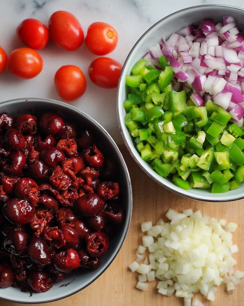 The image shows two bowls on a white marbled surface with some whole and sliced tomatoes and cherries around them. The bowl on the left is filled with dark red and glossy chopped cherries that look juicy. The bowl on the right contains three layers: at the bottom are small chopped green bell peppers, above them are diced red onions with white and purple parts, and on the top right corner is a pile of finely chopped white garlic. The shiny bowls and fresh, colorful ingredients give a fresh and vibrant feel. photo taken with an iphone --ar 4:5 --v 7
