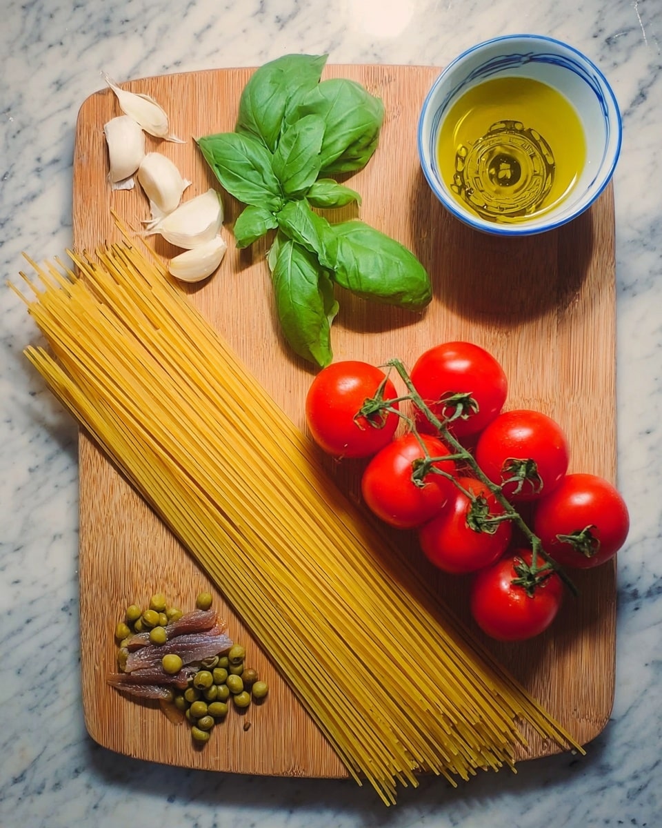 A wooden cutting board holds a bunch of long, dry yellow spaghetti pasta spread horizontally on the lower half. To the right, there is a cluster of bright red tomatoes still on the green vine. Above the spaghetti, near the center, is a small glass bowl filled with golden olive oil. To the left of the oil, fresh green basil leaves are scattered in a small pile. On the far left, there are two peeled garlic cloves next to a small white bowl with a blue rim, containing a few green capers and two brown anchovy fillets. The cutting board sits on a white marbled surface. Photo taken with an iphone --ar 4:5 --v 7