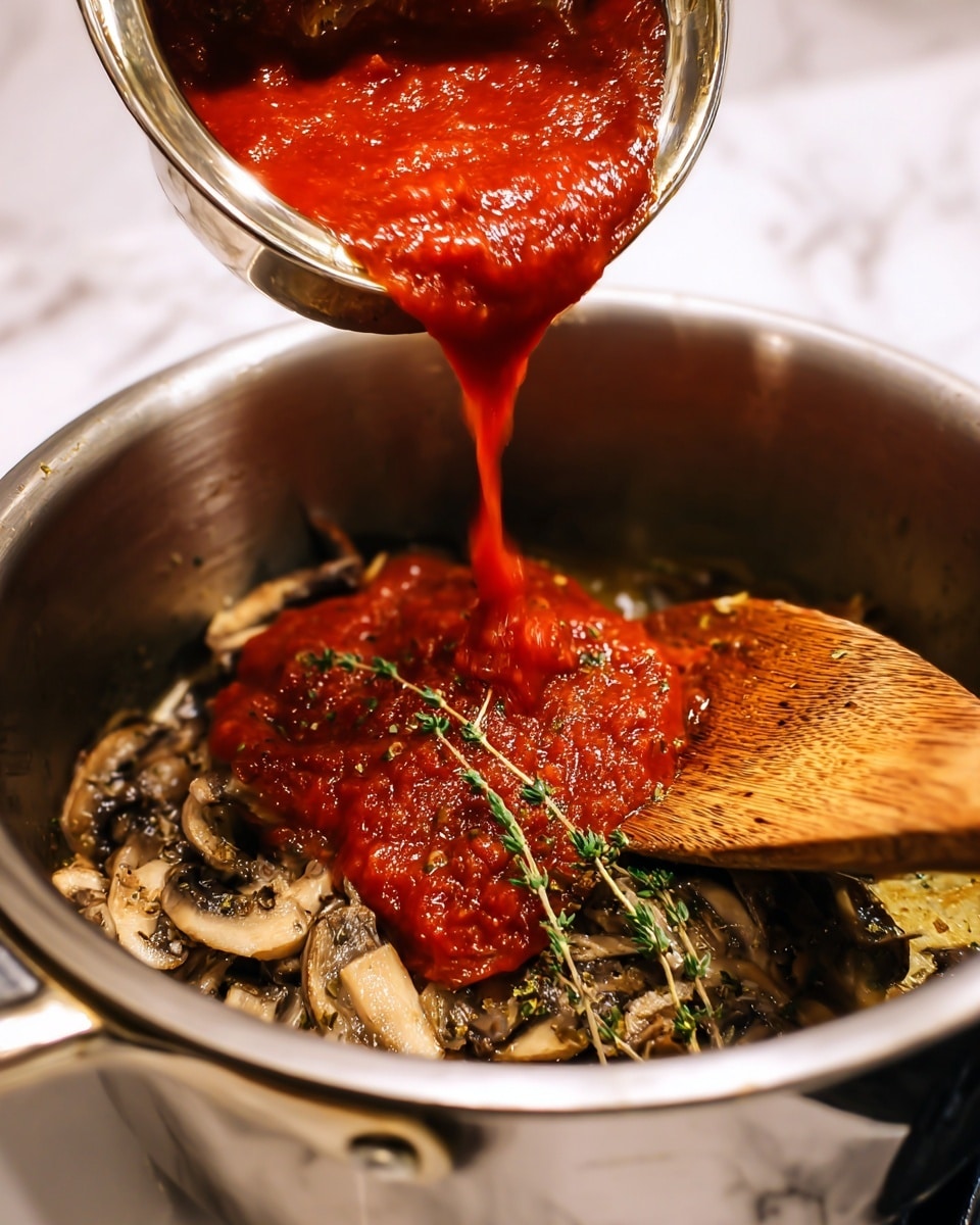 A close-up view of a silver pot on a stove with cooked sliced mushrooms and herbs at the bottom, showing a thick, chunky red tomato sauce being poured slowly from a silver bowl into the pot. A wooden spoon is resting on the edge of the pot, catching some splashes. The background and surface are a white marbled texture. Photo taken with an iphone --ar 4:5 --v 7