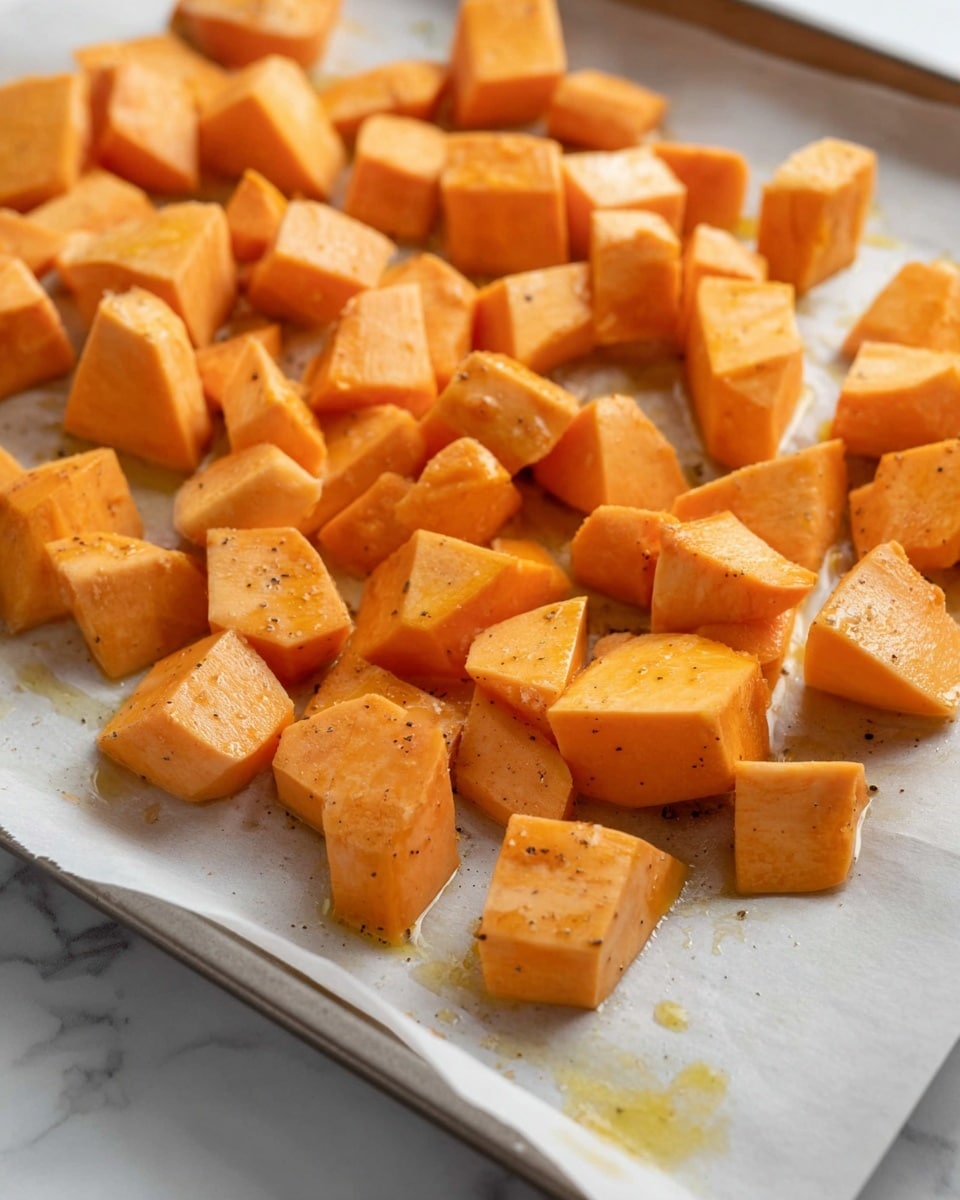 This image shows a single layer of small orange sweet potato chunks spread out on parchment paper. The sweet potatoes are cut into uneven small pieces with smooth and soft textures. Some pieces have visible specks of black pepper and a shiny drizzle of oil over them. The parchment paper is on a silver baking tray. The background is a white marbled surface. photo taken with an iphone --ar 4:5 --v 7