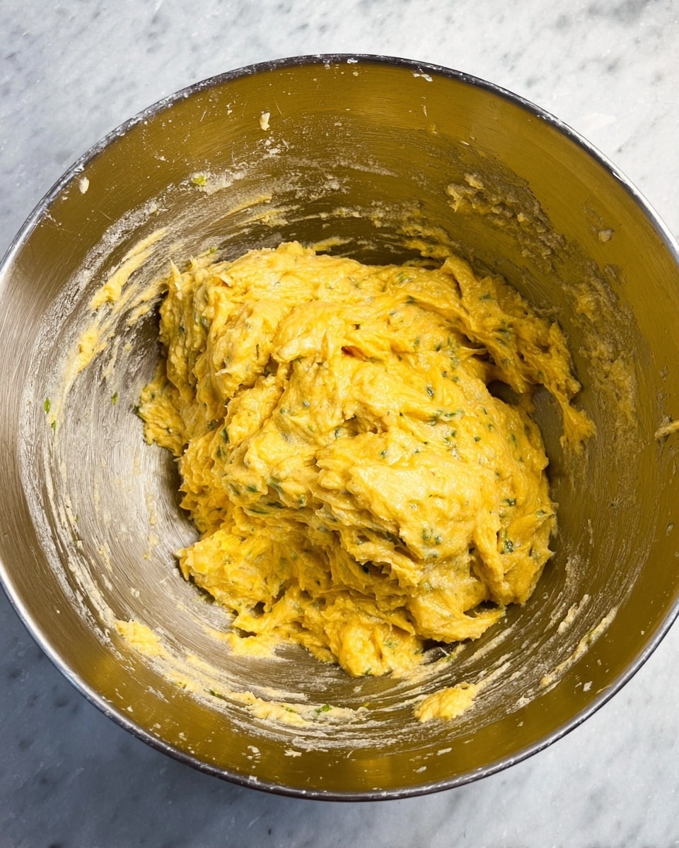 In a shiny metal bowl, there is a thick, sticky dough with a bright yellow color blended with small flecks of green herbs scattered throughout. The dough has a rough, uneven texture with some parts looking smoother and shiny from moisture, while other areas appear more clumpy and coarse. The inside of the bowl shows remnants of the dough spread unevenly, and the dough is gathered in a large mound in the middle. The background is a white marbled surface. photo taken with an iphone --ar 4:5 --v 7