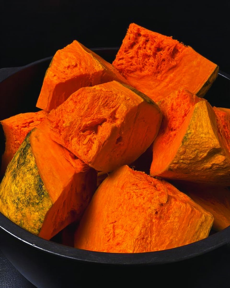 The image shows large, thick pieces of bright orange pumpkin with rough, textured surfaces and some green edges, piled inside a deep black pot. The pumpkin pieces have hard skin on some sides and soft, fibrous interiors visible, creating a strong contrast in texture. The pot is plain and dark, making the vivid orange of the pumpkin stand out clearly. The photo is taken with an iphone --ar 4:5 --v 7