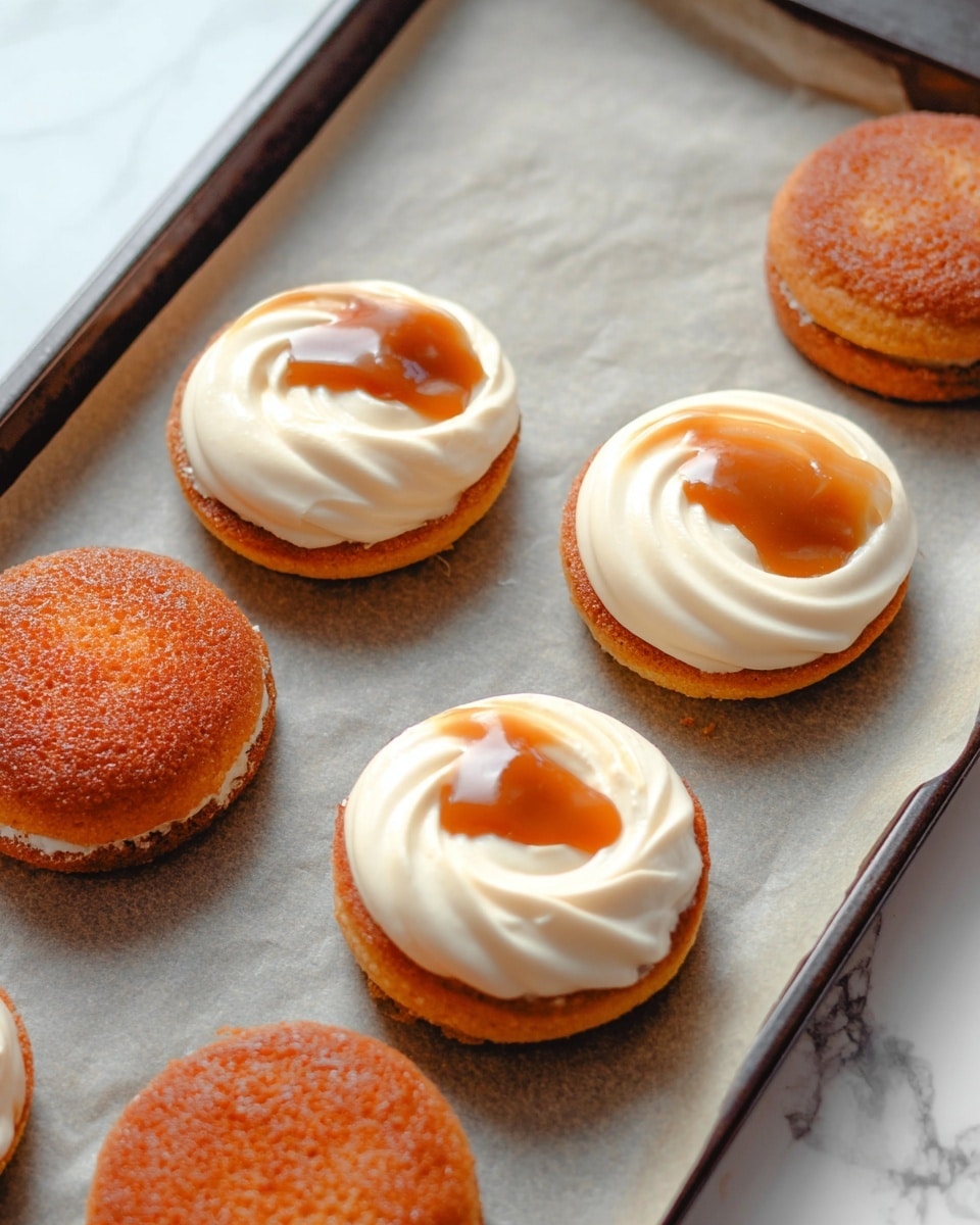 The image shows six small, round, golden-brown cakes arranged on a baking tray lined with parchment paper. Three of the cakes have a thick layer of smooth, creamy white frosting swirled on top, with a small pool of glossy caramel sauce sitting in the center of the frosting. The other three cakes are plain, showing their crispy, slightly uneven textured tops. The background is a white marbled surface, giving a clean and bright look. photo taken with an iphone --ar 4:5 --v 7