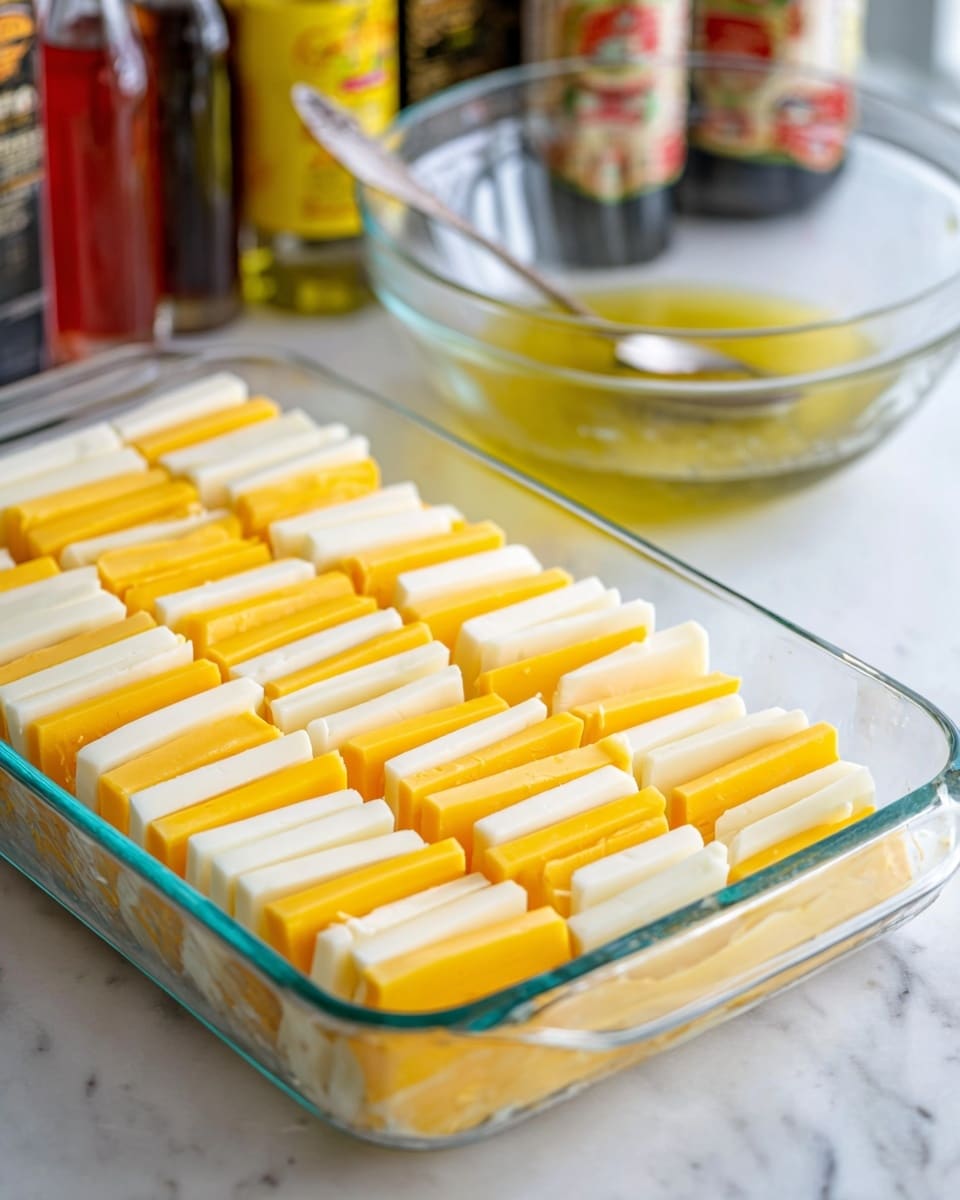 The image shows a clear glass baking dish filled with neatly arranged layers of three types of cheese slices standing vertically. Each row alternates between bright yellow cheddar cheese, creamy white mozzarella, and soft white cheese, creating a striped pattern from front to back in the dish. In the background, there is a white marbled surface with a glass mixing bowl holding a yellow-green liquid mixture and a metal spoon inside it. Also visible are blurry bottles and jars that include olive oil and vinegar behind the baking dish. The overall style is clean with fresh colors on a white marbled countertop. photo taken with an iphone --ar 4:5 --v 7