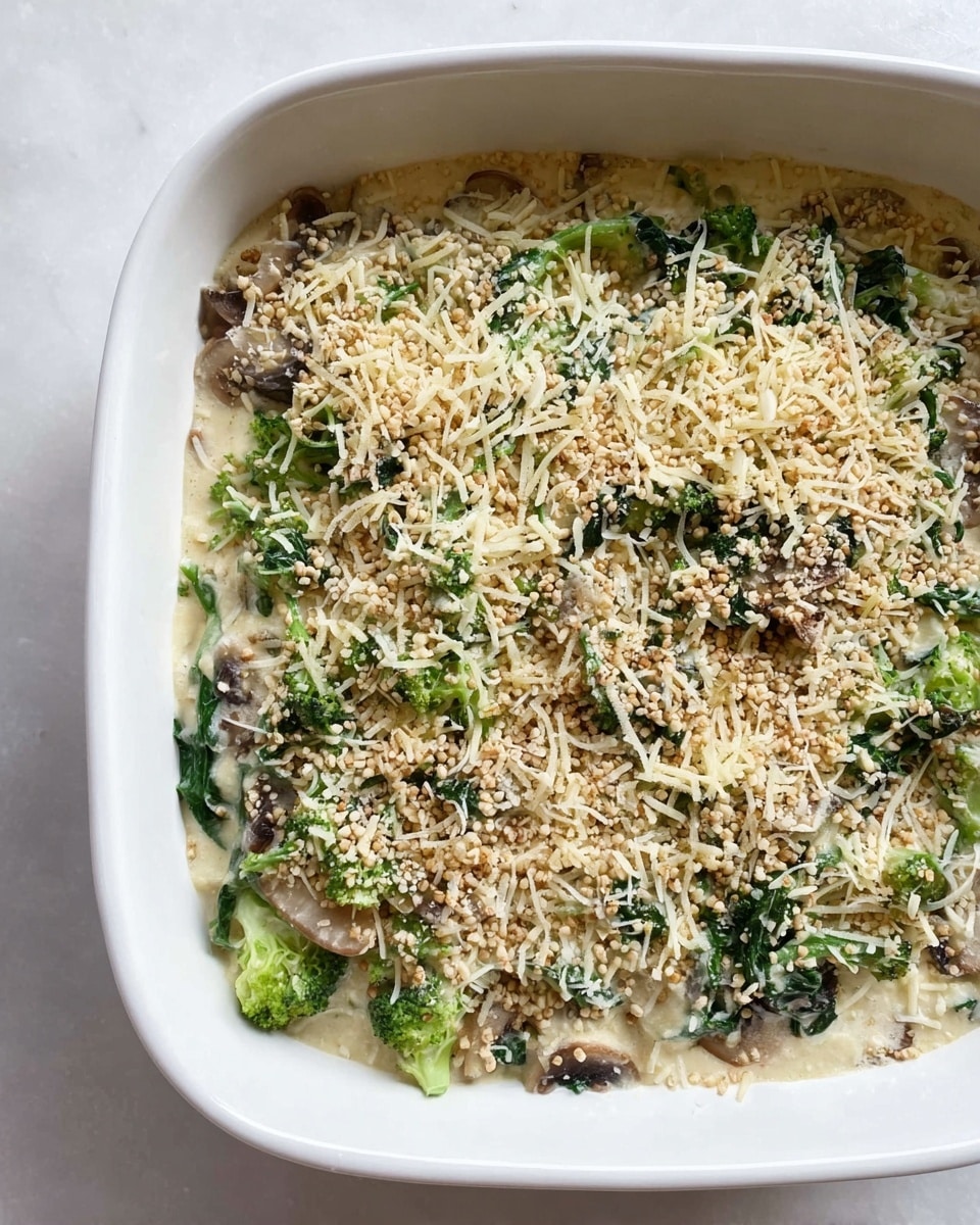 A white square baking dish holds a layered casserole with a creamy sauce base visible at the bottom edges. The dish has mixed green broccoli florets and wilted spinach leaves spread across the middle, adding a fresh, leafy texture. Thinly sliced mushrooms appear softly cooked, peeking through the greens. The top layer is heavily covered with fine shredded pale yellow cheese, sprinkled with small, light beige breadcrumbs that create a grainy texture over the surface. The dish sits on a white marbled surface. photo taken with an iphone --ar 4:5 --v 7