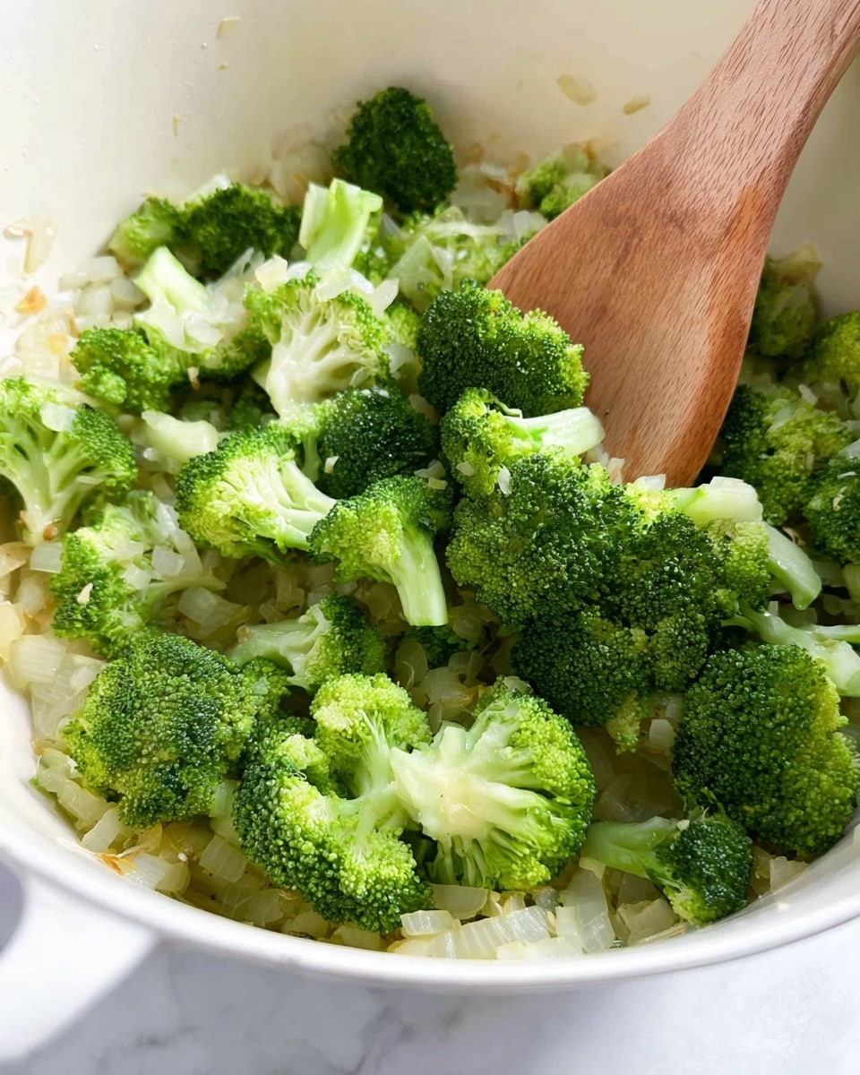 A close-up view of fresh bright green broccoli florets with a mix of small and medium sizes, placed on a bed of finely chopped sautéed white onions that have a slight golden tint, all inside a white pot or pan. A wooden spoon with a smooth texture lies on top and slightly to the right of the broccoli, resting on the onions. The background and surface around the pot show a clean white marbled texture. photo taken with an iphone --ar 4:5 --v 7