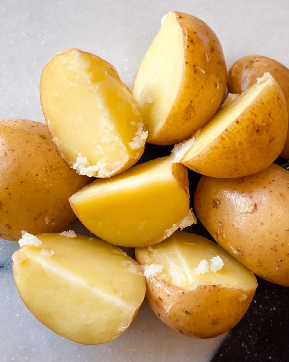 The image shows several small yellow potatoes that are halved and placed close together. The inside of each potato is a lighter yellow with a soft, crumbly texture, while the skin is a smooth, medium brown color with a few small spots. The potatoes fill the space evenly, creating a simple and natural look. The background is a white marbled surface. photo taken with an iphone --ar 4:5 --v 7