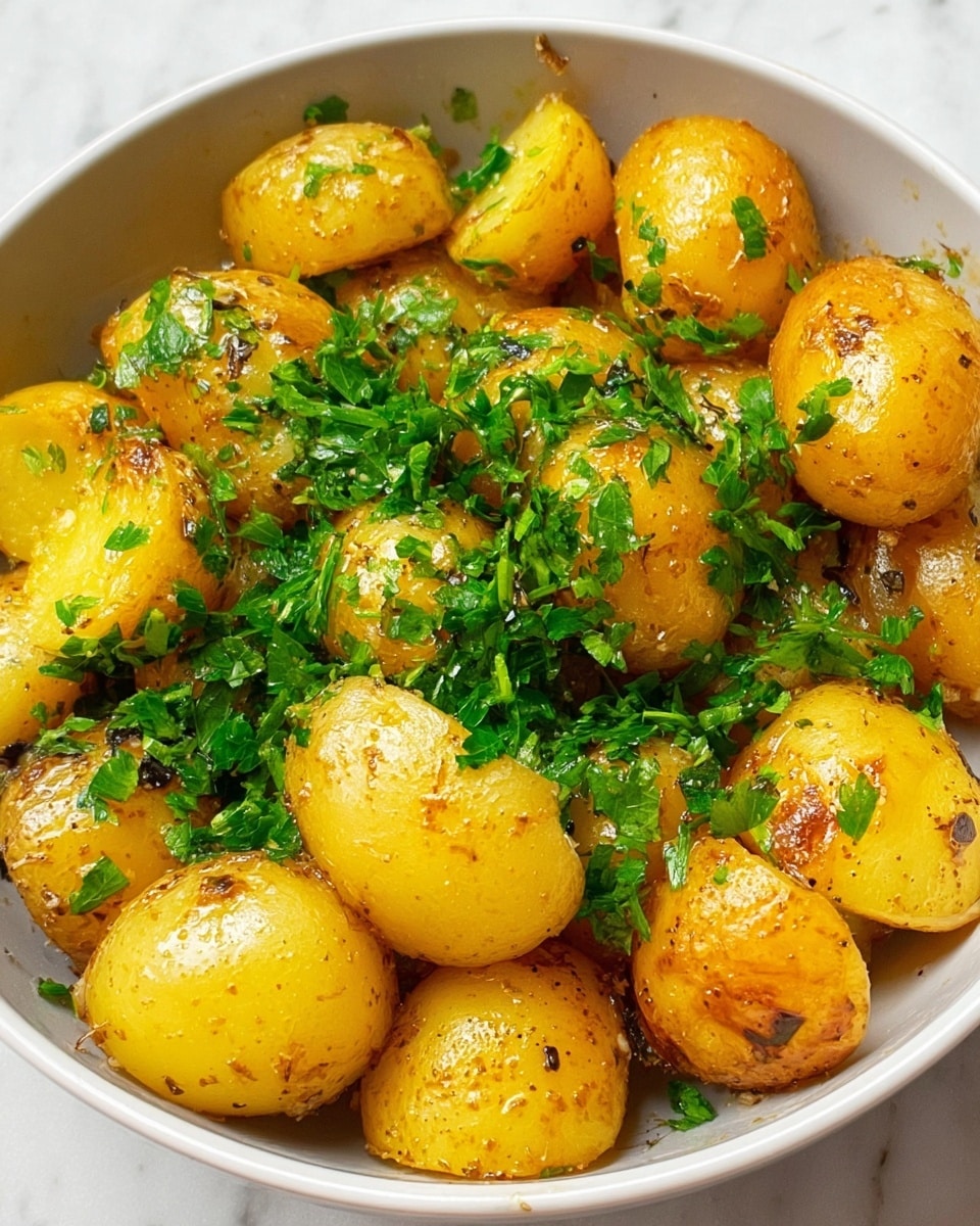 The image shows a bowl filled with around two layers of cooked small potatoes that are golden yellow with light browning and a shiny texture, indicating they are hot and seasoned. On top, bright green chopped fresh herbs are spread evenly over the potatoes, adding a fresh and colorful contrast. The bowl is white against a white marbled surface, highlighting the warm colors of the potatoes and the vibrant green of the herbs. The photo taken with an iphone --ar 4:5 --v 7