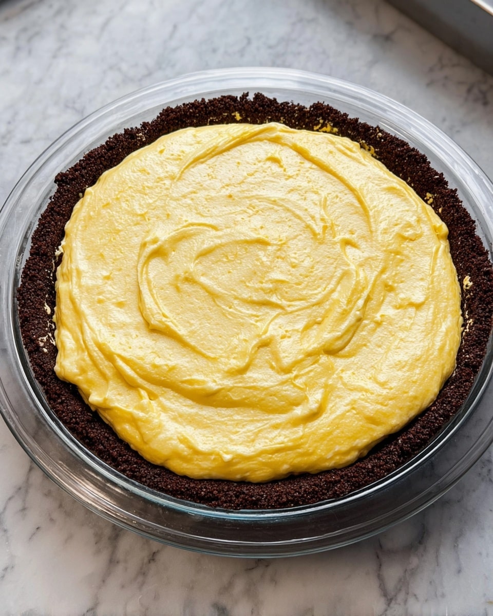 The image shows a round dessert with two layers in a clear glass pie dish on a white marbled surface. The bottom layer is thick and dark brown, looking crumbly like a chocolate crust. The top layer is a thick, smooth, and fluffy yellow cream that spreads evenly across the crust. The cream has a slightly swirled texture with lighter and darker yellow areas, giving it a soft, whipped look. Photo taken with an iphone --ar 4:5 --v 7
