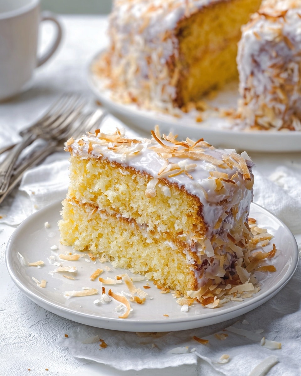 Two slices of yellow cake with a light texture are stacked on a white plate, each layer covered in white glaze and thick toasted coconut flakes that cover the sides and spill onto the plate. The top slice shows a crumbly but moist inside with a golden-brown toasted edge. In the background, part of the whole cake is visible with the same glaze and coconut topping. The scene is set on a white marbled surface with silver forks and a light cloth nearby. Photo taken with an iphone --ar 4:5 --v 7