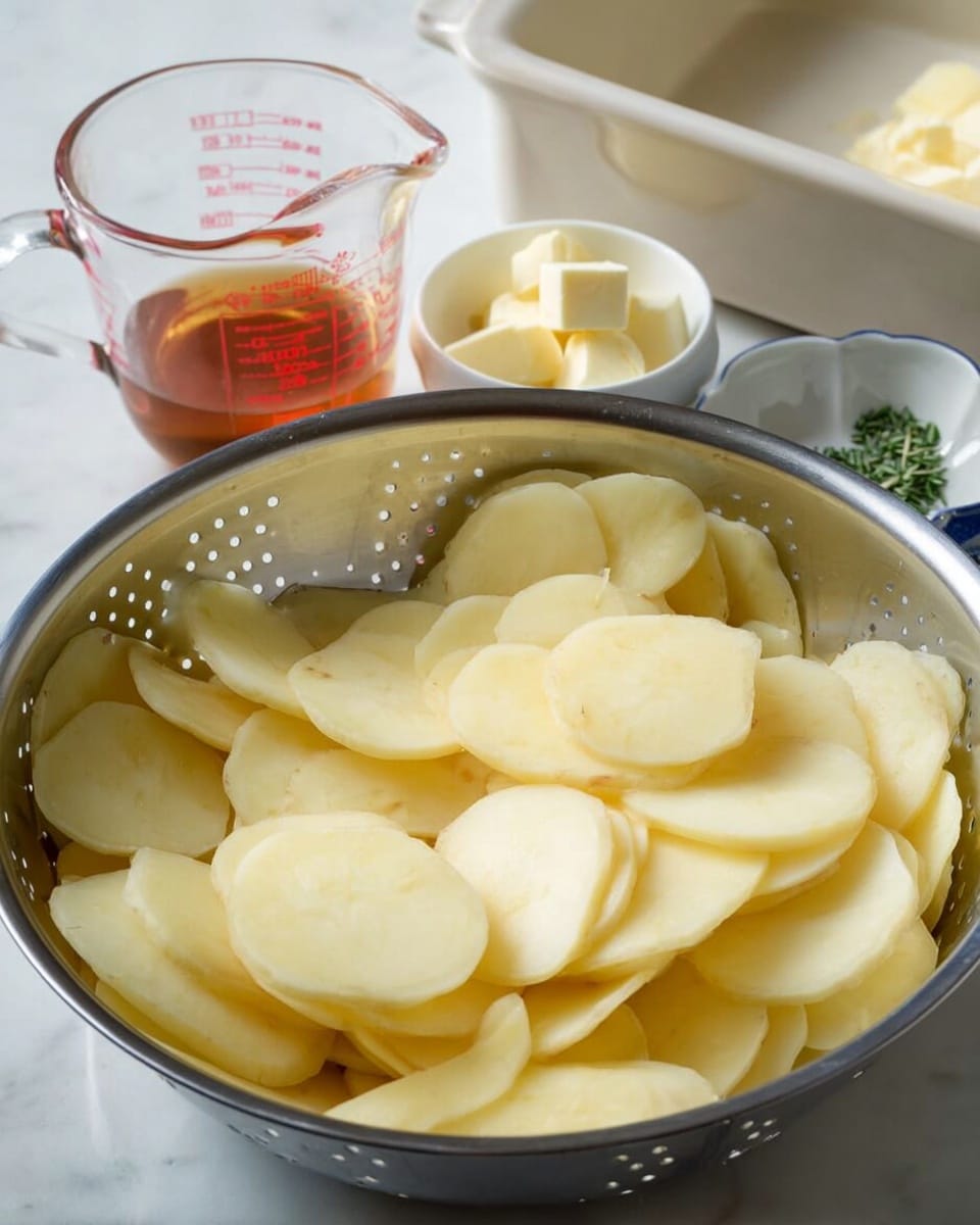 A close-up shows many thin potato slices in a silver colander with small round holes, each slice pale yellow with smooth texture. In the background on a white marbled surface, there is a clear glass measuring cup filled with amber liquid with red markings, a small white dish holding several small cubes of pale yellow butter, a small white dish with green herbs, and a large white rectangular ceramic baking dish with handles. Photo taken with an iphone --ar 4:5 --v 7