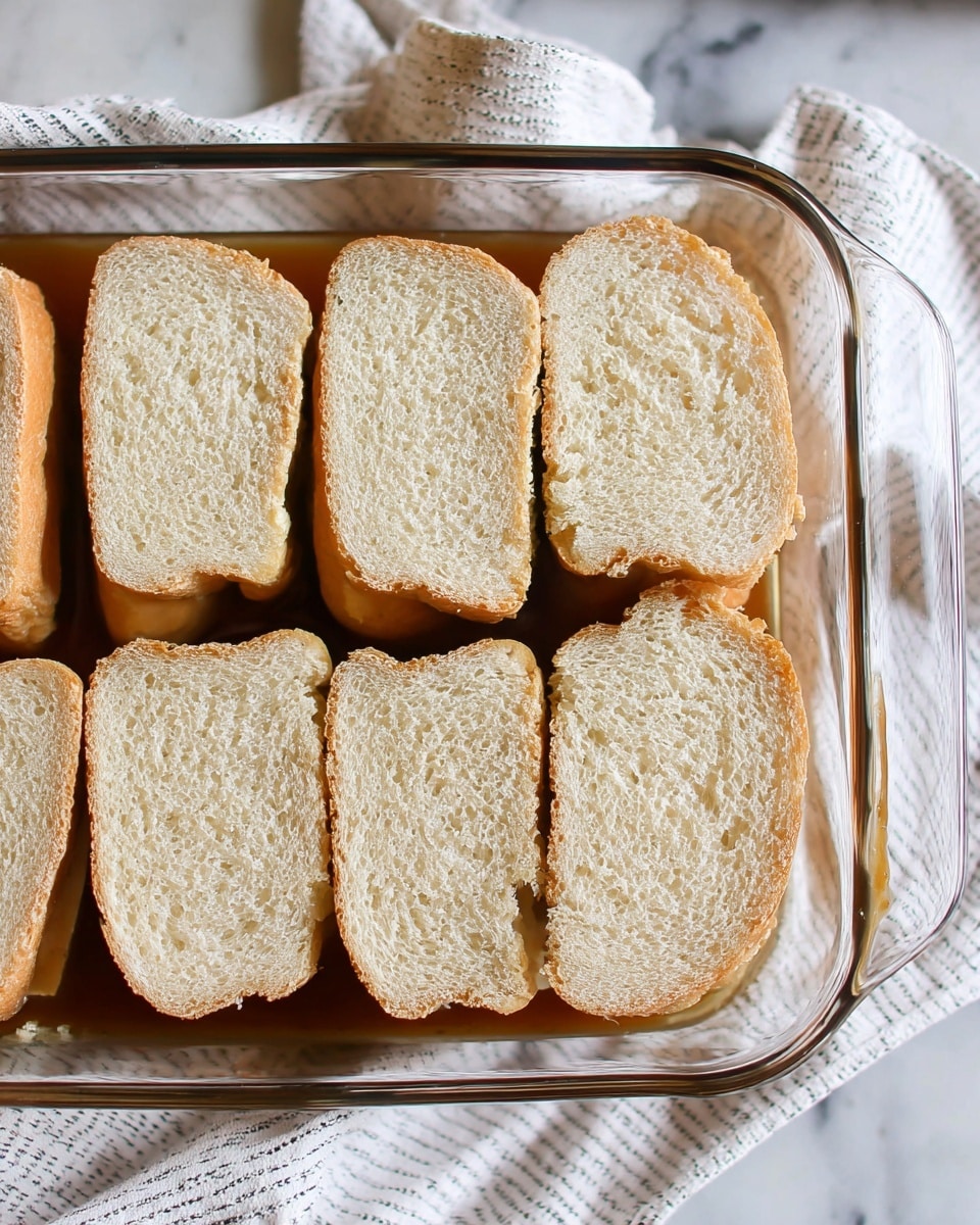 A glass baking dish filled with two layers: the bottom layer is a sticky caramel-colored liquid, and the top layer has eight pieces of thick, light beige bread slices arranged neatly side by side. The dish sits on a white marbled surface covered partially by a white and gray striped cloth. The bread slices show a soft, porous texture with light brown crust edges, and the caramel liquid slightly peeks from the sides beneath the bread pieces photo taken with an iphone --ar 4:5 --v 7