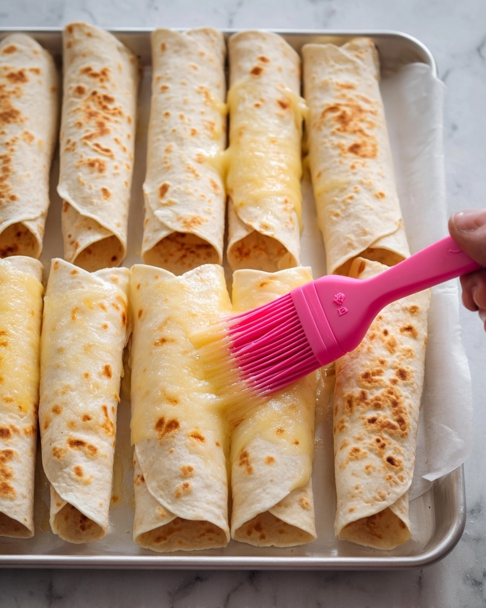 The image shows a baking tray filled with rolled tortillas that have a light golden color with scattered darker brown spots from cooking. They are arranged in rows on white parchment paper covering the tray. A woman's hand is applying a shiny yellow liquid evenly on the top of one tortilla using a pink silicone brush. The tortillas look soft and slightly puffy, with the edges tucked in neatly to form compact rolls. The background is a white marbled surface. photo taken with an iphone --ar 4:5 --v 7