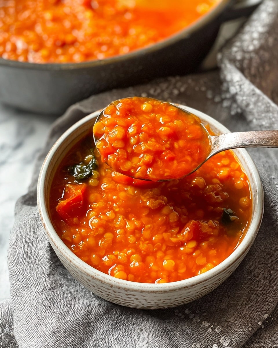 A close-up view of a thick, bright orange-red soup in a round white bowl with a textured surface. The soup has small visible grains or lentils and chunks of vegetables, giving it a rich, slightly chunky texture. A silver spoon holds a scoop of the soup above the bowl, showing the glossy, hearty mix. The bowl sits on a soft, gray cloth with subtle patterns, all placed on a white marbled surface, and a larger pot of the same soup is partially visible in the background. Photo taken with an iphone --ar 4:5 --v 7