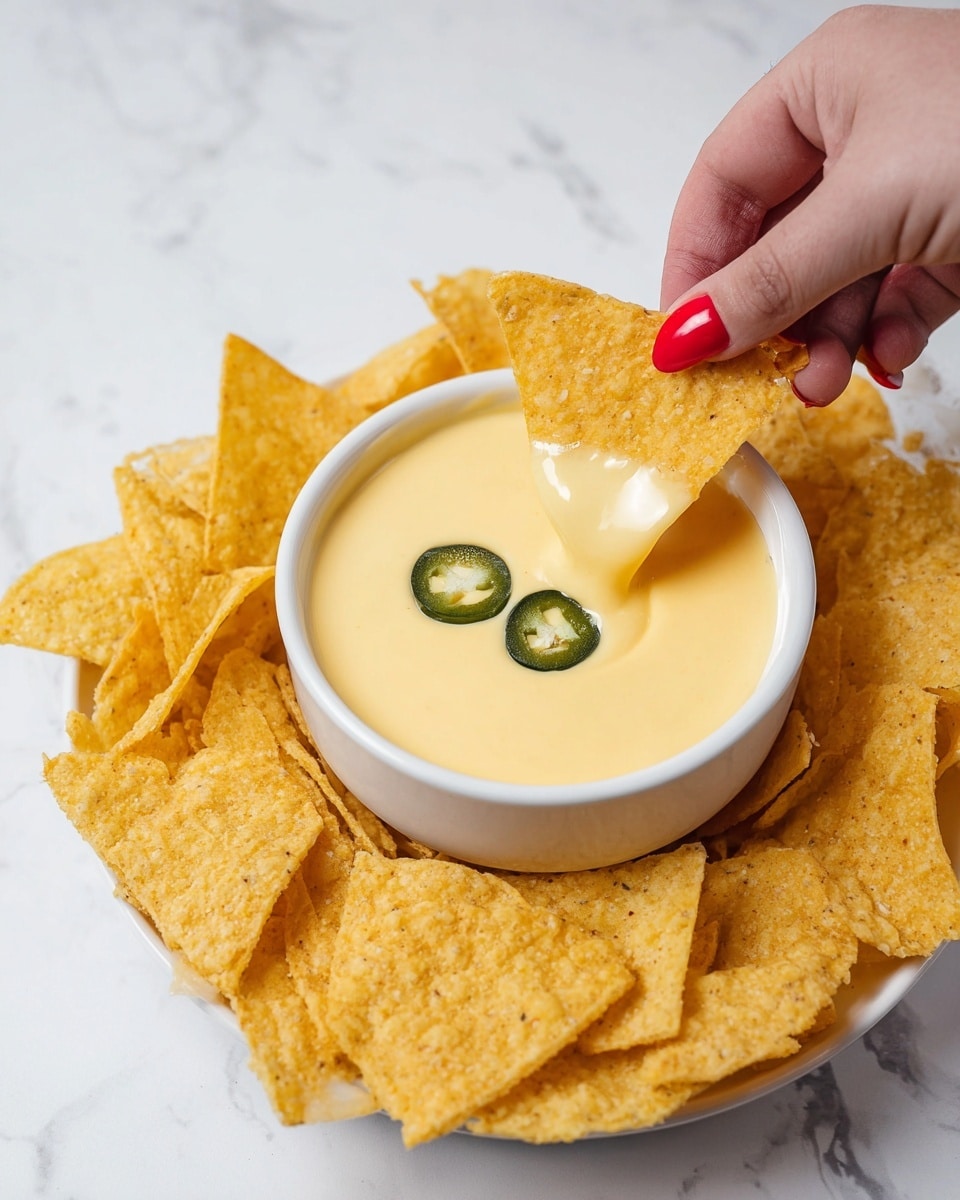 A white bowl filled with smooth, creamy yellow cheese sauce with two green jalapeno slices floating on top is surrounded by a layer of many crispy yellow tortilla chips placed inside a larger white plate. A woman's hand with shiny red nails is dipping a triangular tortilla chip into the cheese sauce, creating a slight stretch of the sauce. The whole scene is set on a white marbled surface. photo taken with an iphone --ar 4:5 --v 7