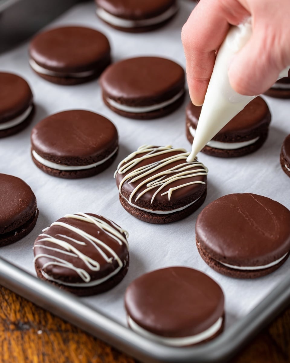 The image shows several round chocolate-covered sandwich cookies arranged in rows on a tray lined with white paper. Each cookie has two smooth, dark brown chocolate layers with a visible seam around the edge, and the tray is positioned on a wood-textured surface. A close-up view captures a woman’s hand holding a white piping bag, drizzling thin, wavy lines of white chocolate over one cookie near the front, adding a decorative touch. The cookies look glossy and smooth, with some white chocolate stripes already completed on nearby cookies. Photo taken with an iphone --ar 4:5 --v 7