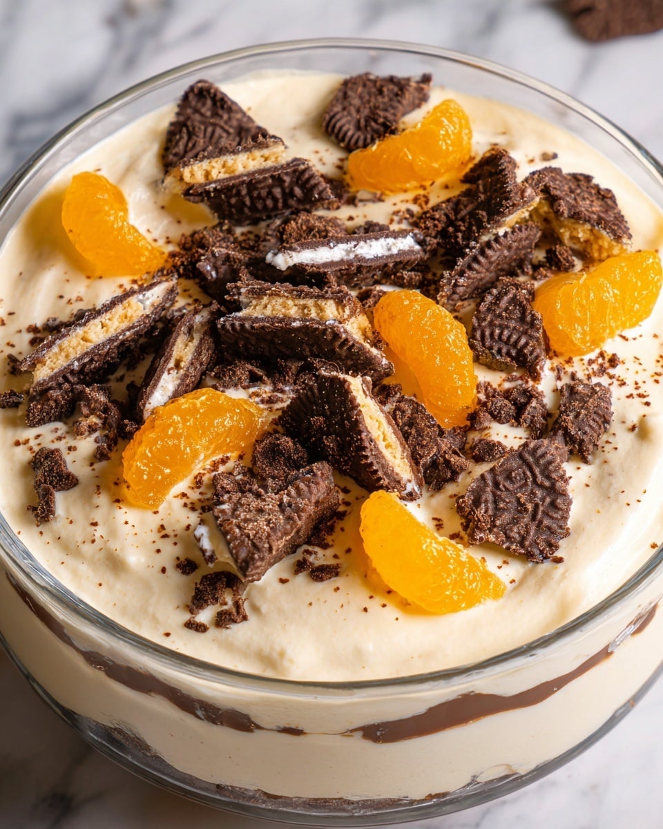 The image shows a dessert in a clear glass bowl with three visible layers: the bottom layer is smooth and creamy white, the middle layer is thick cream with a light tan color, and the top layer is decorated with broken chocolate-covered cookies and bright orange mandarin segments scattered on the cream. The broken cookies have a dark chocolate coating with a light cookie texture inside, creating a strong color contrast with the creamy layer beneath. The dessert sits on a white marbled surface. photo taken with an iphone --ar 4:5 --v 7