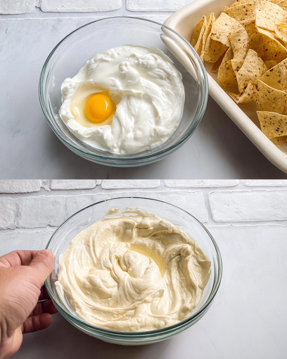 A clear glass bowl sits on a white marbled surface with a white brick wall in the background. Inside the bowl, there is a layer of thick, creamy white sour cream next to a single raw egg yolk and egg white. To the back right of the bowl, a white tray holds many light yellow, folded tortilla chips with brown spots, adding texture and color contrast. In the next image, the ingredients inside the bowl are fully mixed into a smooth, creamy, pale beige batter with a few small lumps, keeping the bowl clean on the edges. Photo taken with an iphone --ar 4:5 --v 7