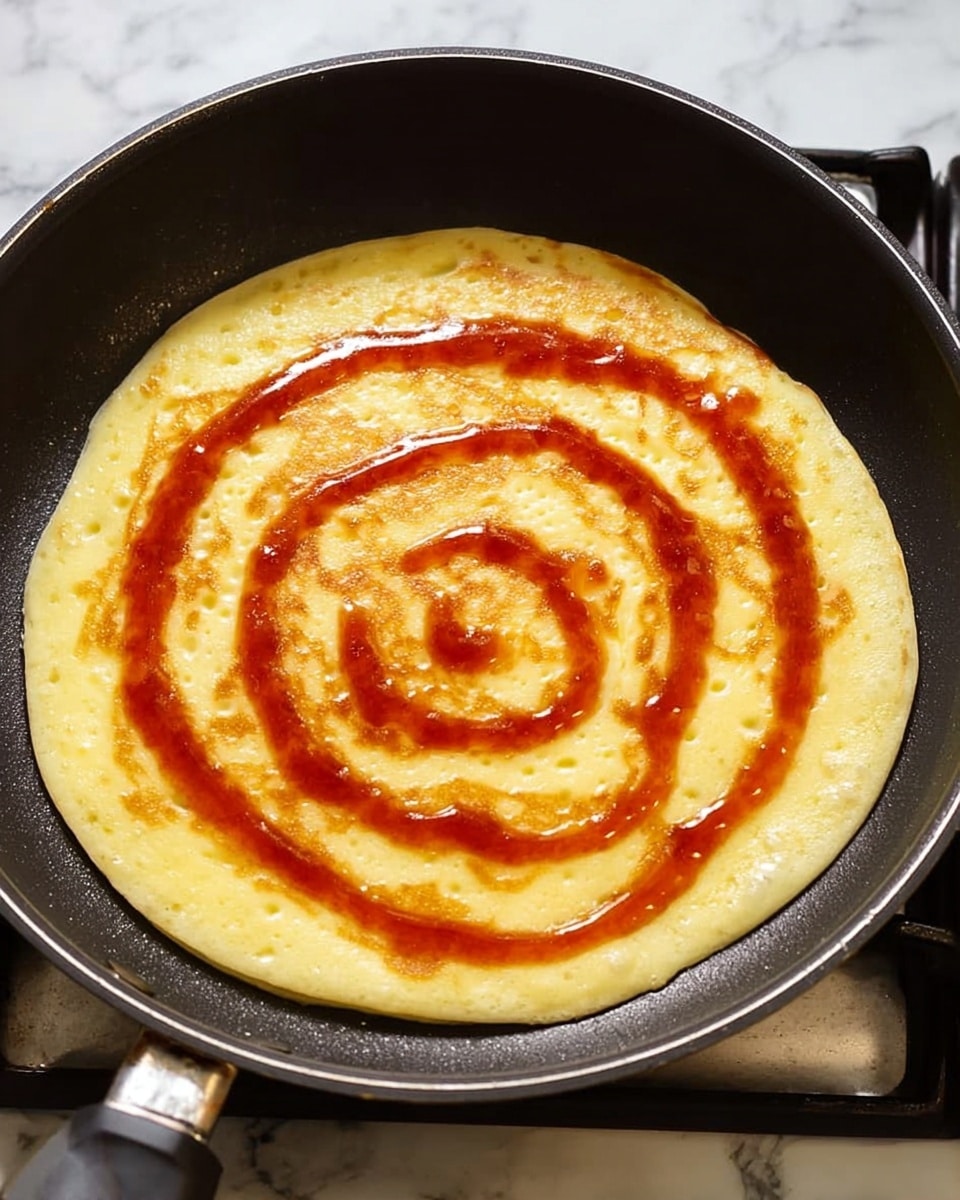 A close-up image of a round pancake cooking in a black pan. The pancake is light yellow with small bubbles on its surface, indicating it is cooking. There is a spiral line of reddish sauce or syrup evenly swirled from the center to the edge on top of the pancake. The pan sits on a stove with a white marbled surface visible around it. photo taken with an iphone --ar 4:5 --v 7
