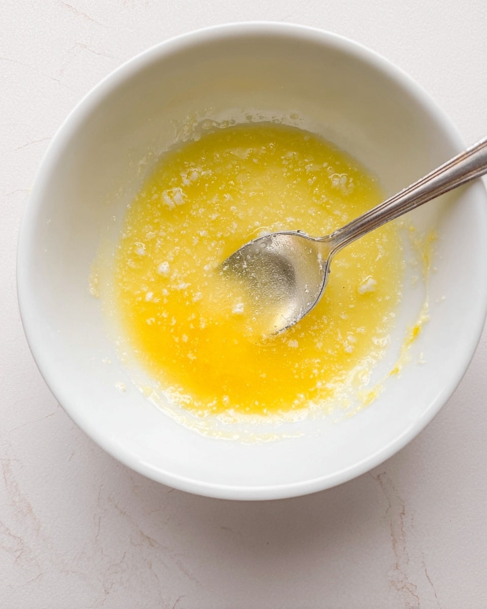A close-up image of a white bowl with a single layer of yellow melted butter mixed with some small white granules, creating a slightly bubbly and shiny texture. A silver spoon is partially dipped into the mixture, resting towards the right side of the bowl, with the handle extending upwards out of frame. The surface beneath the bowl features a white marbled texture. photo taken with an iphone --ar 4:5 --v 7