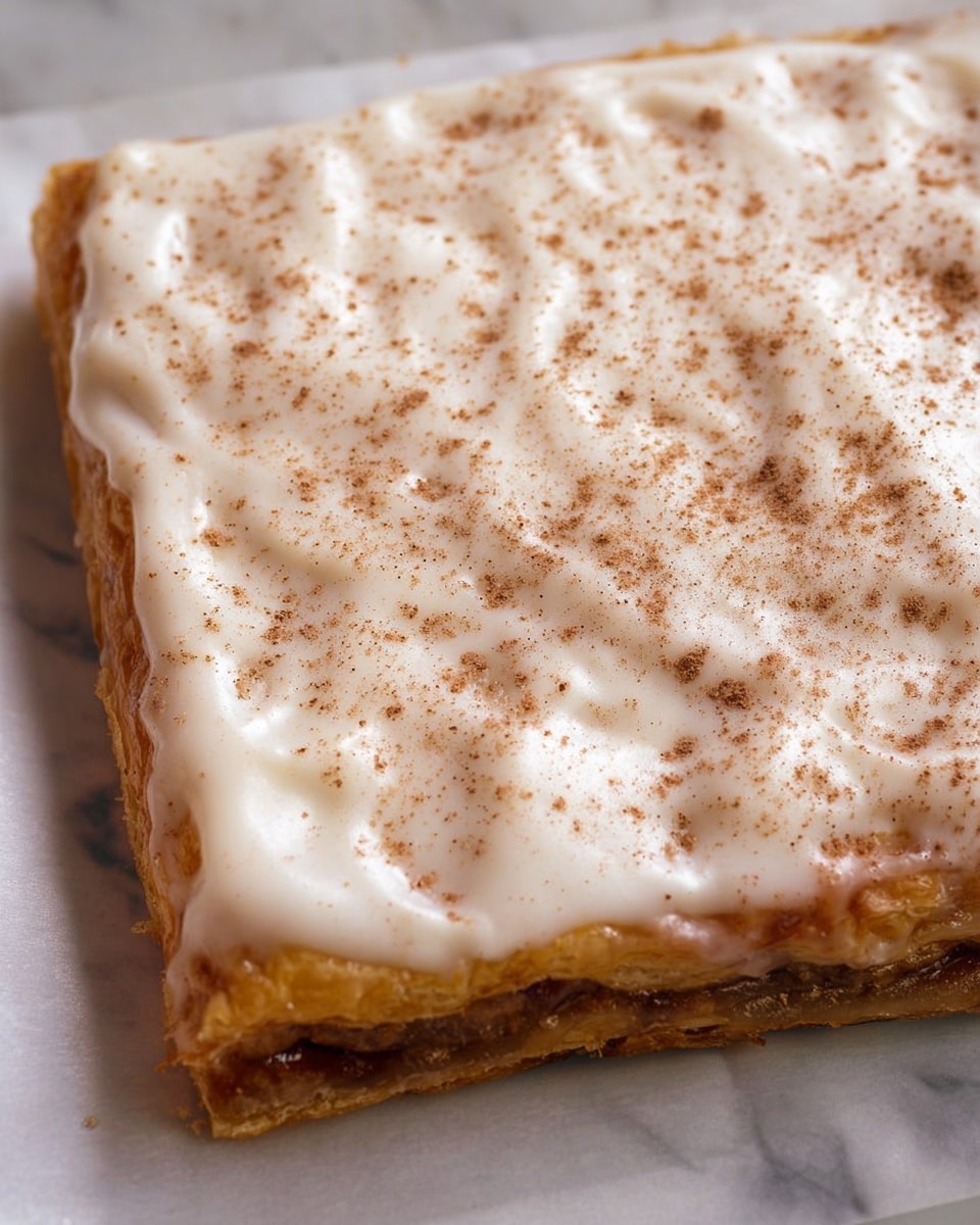 A close-up of a square pastry with two visible layers: a golden brown, flaky bottom crust and a thick, smooth top layer of white icing spread unevenly across the surface. The icing is sprinkled with light brown cinnamon powder, creating a speckled effect. The edges of the pastry are slightly raised and crispy, revealing a thin, darker filling peeking out from beneath near the corners. The pastry is resting on white parchment paper over a white marbled surface. Photo taken with an iphone --ar 4:5 --v 7