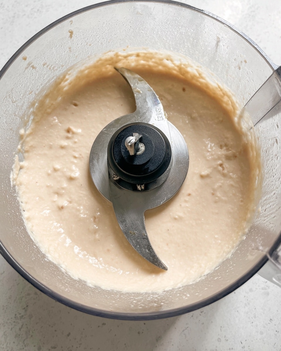 A close-up top view of a food processor bowl filled with light beige, smooth and creamy batter. The batter has a slightly thick texture with tiny lumps scattered throughout. The bowl is transparent and shiny, showing droplets of moisture on the inner walls. A curved metal blade with a black and silver center stands upright in the middle of the bowl, partially submerged in the batter. The background is a white marbled texture photo taken with an iphone --ar 4:5 --v 7