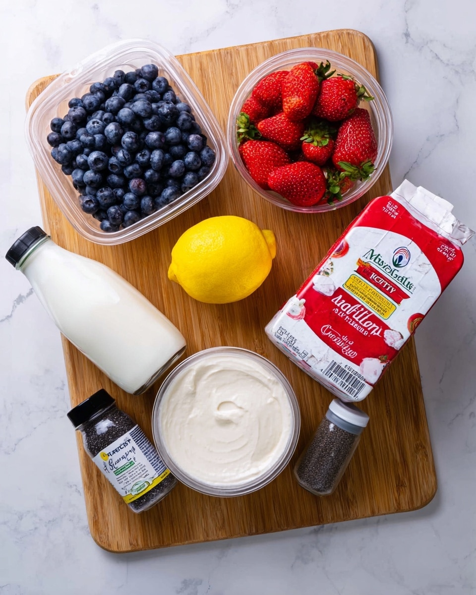 The image shows a white marbled surface with a wooden cutting board placed on top. On the board, there are seven items arranged in a loose cluster: a clear plastic container filled with fresh blueberries on the top left, a clear plastic container filled with strawberries on the top right, a bright yellow lemon positioned below the blueberries, a round white container of mascarpone cheese in the center bottom, a small black bottle of poppy seeds to the bottom left, a white bottle of buttermilk tilted slightly to the right near the center, and a red and white carton of heavy whipping cream placed to the right of the mascarpone container. photo taken with an iphone --ar 4:5 --v 7