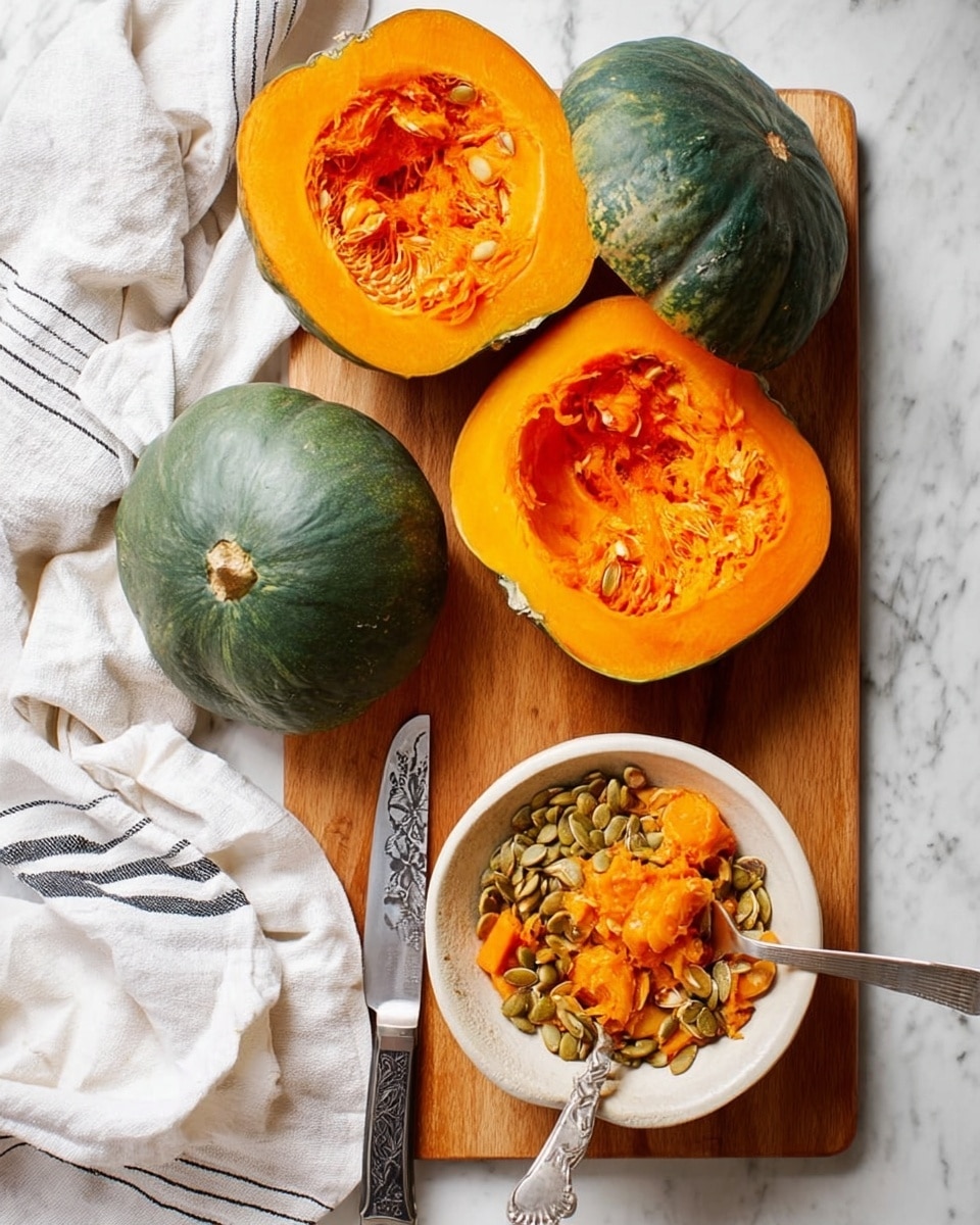 The image shows a wooden board with two halves of a green pumpkin and one half of an orange pumpkin, all cut open to reveal bright orange flesh and seeds inside. On the board is also a white bowl filled with pumpkin seeds and orange pumpkin pulp, with a silver spoon resting inside. A silver knife with a carved handle is placed near the pumpkins. In the corner, there is a white cloth with black stripes gently crumpled on a white marbled surface, adding a soft touch to the bright, natural colors of the pumpkins and seeds photo taken with an iphone --ar 4:5 --v 7