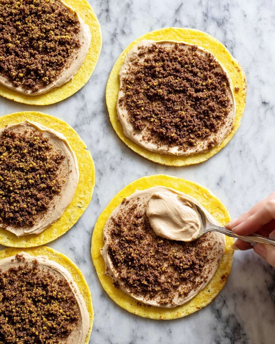 The image shows yellow, round flatbreads placed on a white marbled surface. Each flatbread has two layers: the bottom layer is the yellow flatbread with a slightly rough texture, topped with a smooth, creamy beige spread evenly covering the surface. On top of this smooth layer, a crumbly, dark brown layer with a grainy texture is sprinkled generously, covering most of the spread. A woman's hand is holding a spoon, spreading the creamy layer on one flatbread. Photo taken with an iphone --ar 4:5 --v 7