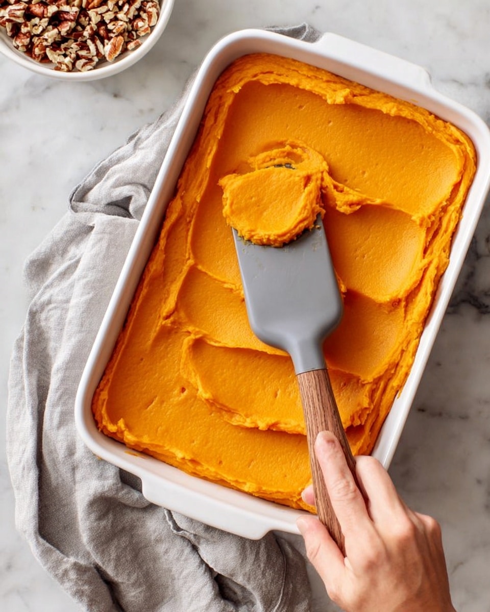 A white rectangular baking dish filled with a smooth, vibrant orange layer of mashed sweet potatoes, evenly spread with soft peaks and gentle ridges on the surface. A woman's hand holds a spatula with a wooden handle and gray silicone tip, lifting a small amount of the mashed sweet potatoes, showing their creamy texture. The dish rests on a light gray cloth atop a white marbled surface. In the background, a white bowl with chopped nuts is partially visible. Photo taken with an iphone --ar 4:5 --v 7