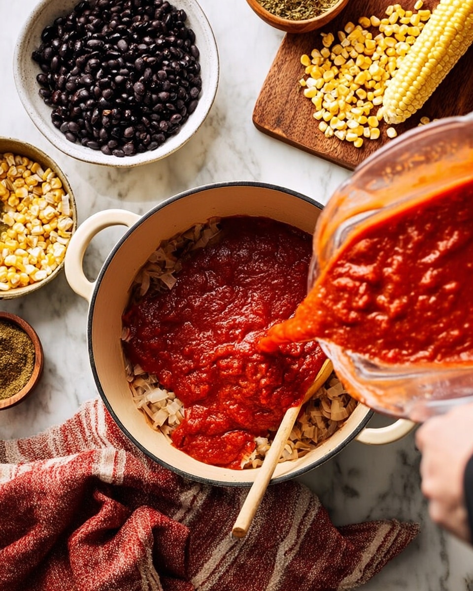 A white cast iron pot contains a layer of light brown cooked onions at the bottom, topped by a thick, bright red sauce being poured from a clear blender container held by a woman's hand. A wooden spoon rests inside the pot on the onions, partially covered by the sauce. Around the pot, a white bowl filled with dark black beans sits to the left, and a white bowl filled with yellow corn kernels is at the top right on a white marbled surface. A piece of corn cob leans against a wooden board near the corn bowl. A red and beige striped cloth is draped partially under the pot. Photo taken with an iphone --ar 4:5 --v 7