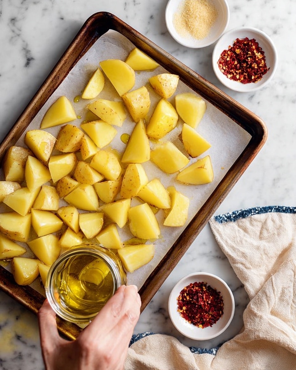 The image shows a woman’s hand pouring golden olive oil from a small glass jar onto evenly cut potato pieces arranged on a baking tray lined with white parchment paper. The potatoes are in chunky, wedge-like shapes with yellow flesh and some skin still on a few pieces. On the white marbled surface next to the tray, there are two small white bowls containing red chili flakes and dark red paprika powder. A beige and blue trimmed cloth napkin is partially visible on the right. The baking tray edges are a well-used dark brown color. photo taken with an iphone --ar 4:5 --v 7