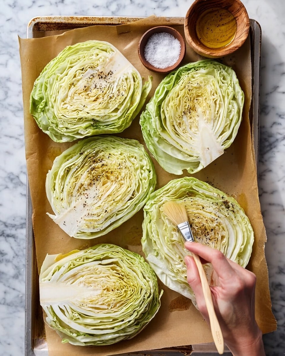 The image shows five thick slices of green cabbage placed on a baking sheet lined with brown parchment paper. Each cabbage slice reveals tightly layered leaves in light green and pale yellow colors with a slightly textured and wavy pattern, showing natural veins and folds. A woman's hand holding a small paintbrush is brushing oil mixed with black pepper and herbs onto one of the cabbage slices. A small wooden bowl with more seasoning and a separate dish of salt are visible near the top corner of the baking sheet. The whole scene is set on a table with a white marbled texture. photo taken with an iphone --ar 4:5 --v 7
