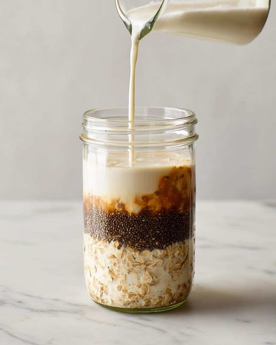 A clear glass jar sits on a white marbled surface filled with three visible layers; the bottom layer is made of light beige oats soaked in a creamy liquid, the middle layer consists of a dense, dark brown chia seed mixture, and the top layer is a white foamy liquid being poured into the jar from a clear glass container above. The pouring liquid creates a smooth stream flowing directly into the jar, slightly mixing with the upper layer. photo taken with an iphone --ar 4:5 --v 7