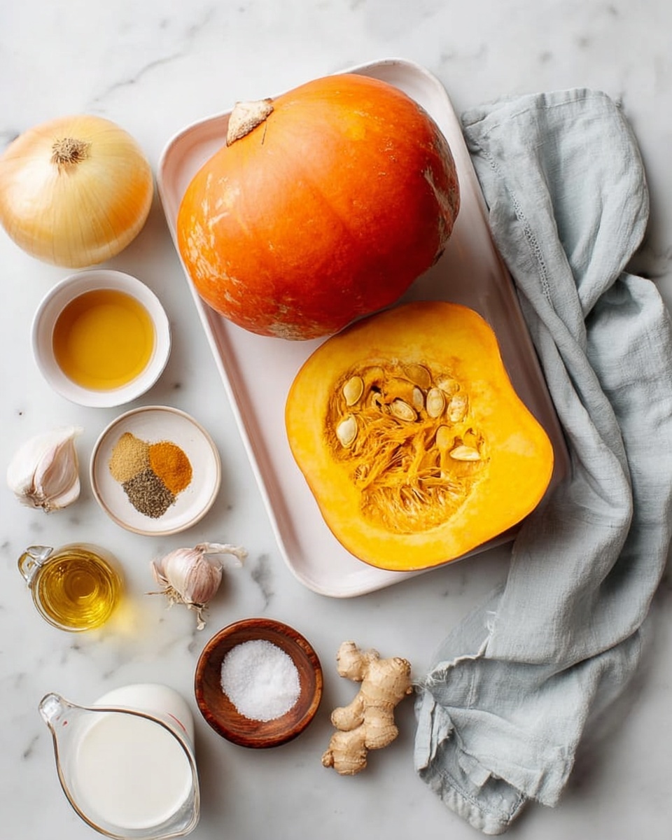 Creamy Roasted Pumpkin Soup with Coconut Milk and Warm Spices Recipe 4 A large orange pumpkin is placed on a white tray with one half cut open showing its bright yellow-orange flesh and seeds inside, next to a whole pumpkin with a smooth skin. The tray rests on a white marbled surface. Around the tray, there is a peeled yellow onion, a small white bowl with various ground spices in shades of brown and yellow, a few garlic cloves and a piece of ginger root, a small bowl of light amber liquid, a small clear bottle of olive oil, a small round wooden bowl of salt, and a glass measuring cup filled with white milk. A light gray cloth is draped next to the tray. The scene is well-lit with soft natural light. photo taken with an iphone --ar 4:5 --v 7