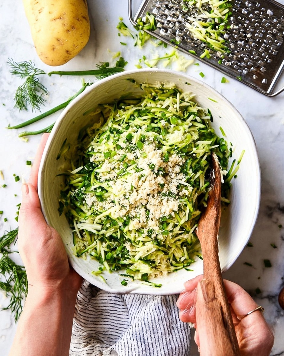 Crispy Zucchini Fritters with Dill and Scallions Recipe 5 A white bowl filled with a mixture of shredded green zucchini, finely chopped bright green spring onions, and light beige crumbs that resemble grated cheese or breadcrumbs. The zucchini strands form the main layer, with green onions sprinkled over it, and the beige crumbs sitting on top and around the sides. A wooden spoon is partially buried in the mixture, held by a woman's hand on the right side, while the woman's other hand supports the bowl on the left. The bowl rests on a white marbled surface with some green herb stems and a yellow potato in the background, and a metal box grater with bits of shredded zucchini around it. A white and gray striped cloth is beneath the bowl. Photo taken with an iphone --ar 4:5 --v 7