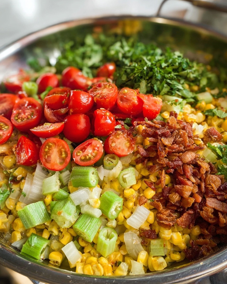 The dish is presented in a large silver pan with a mix of colorful ingredients layered side by side. The bottom layer is composed of small yellow corn kernels mixed with light green slices of okra and translucent cooked onion pieces. On the right side, there is a pile of crispy brown bacon bits. On the left side, there is a group of bright red halved cherry tomatoes. At the top, fresh, dark green chopped leafy herbs are placed, bringing a fresh look to the dish. The white marbled texture is faintly visible in the blurred background. Photo taken with an iphone --ar 4:5 --v 7