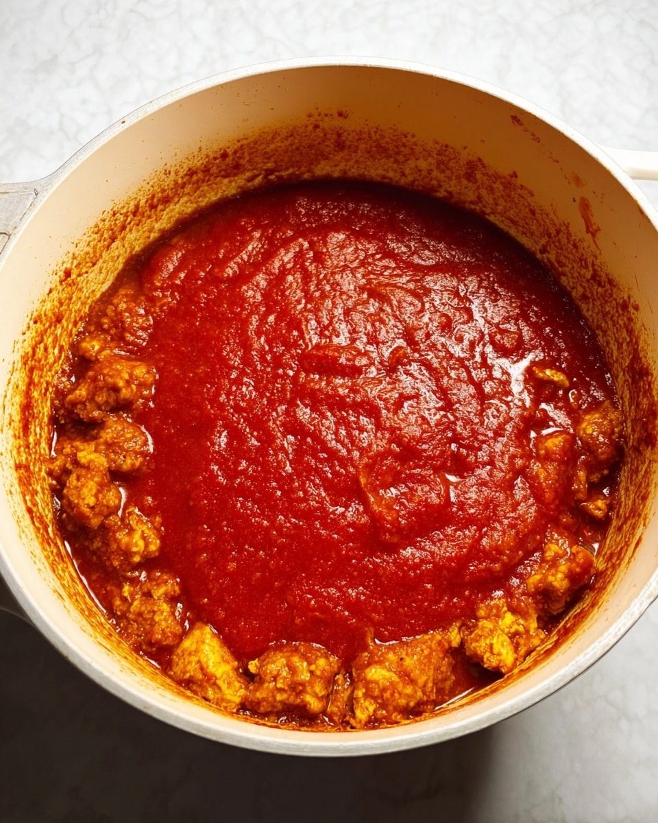 The image shows a white pot filled with two main layers: around the edges, there are small, cooked pieces of yellowish-brown meat with a textured, slightly crispy look, and in the middle, a thick, smooth layer of bright red sauce covers the center but does not mix with the meat. The pot sits on a white marbled surface with some droplets of sauce splattered inside the pot's sides. The lighting highlights the shine and wetness of the sauce and the rough texture of the meat. Photo taken with an iphone --ar 4:5 --v 7