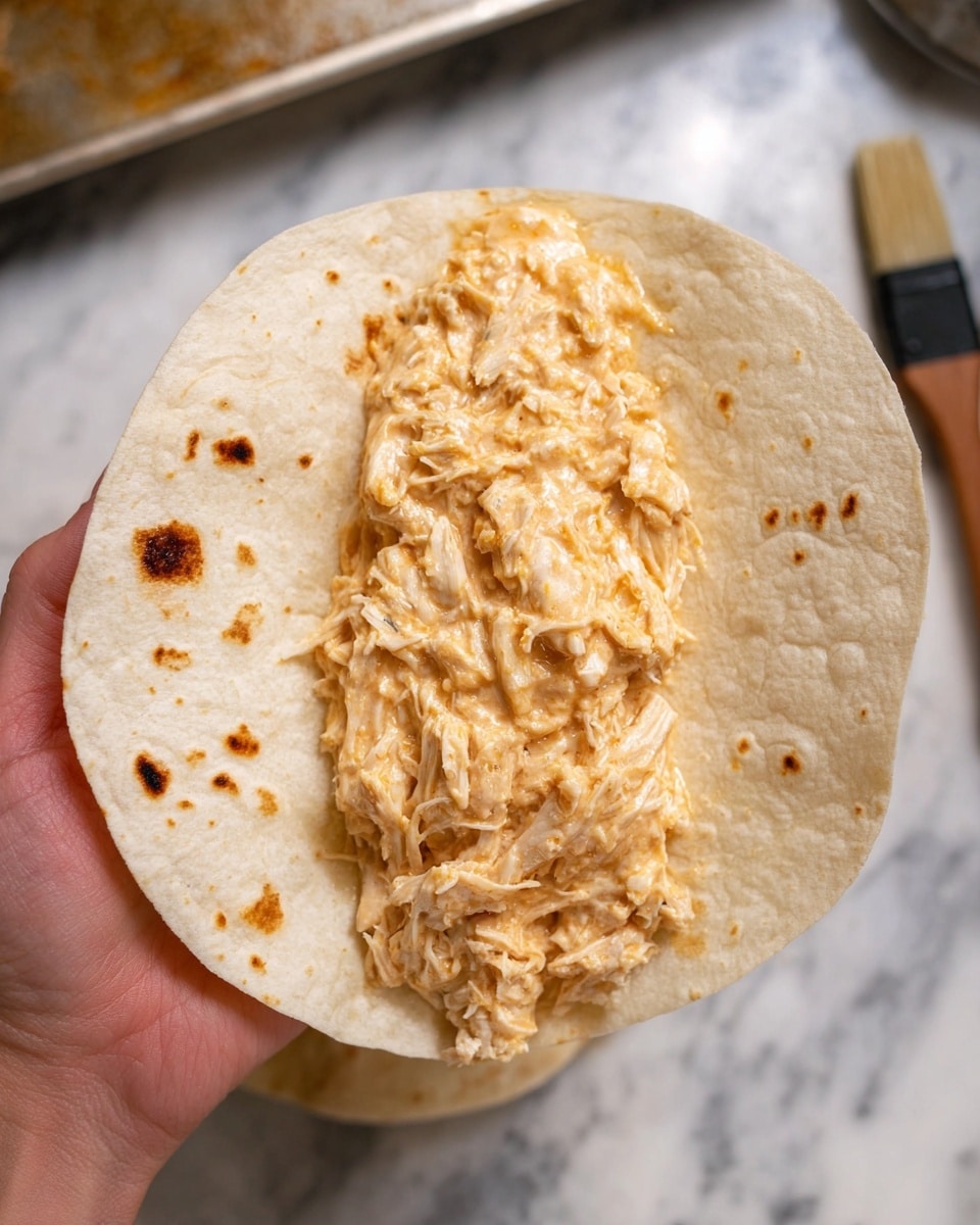 A close-up view shows a woman's hand holding a soft, light beige tortilla with some darker toasted spots. In the center of the tortilla, there is a thick layer of creamy, shredded chicken mixed with a pale orange sauce, spread lengthwise from top to bottom. The background features a white marbled surface with a blurred white marbled baking tray and a brush nearby. Photo taken with an iphone --ar 4:5 --v 7