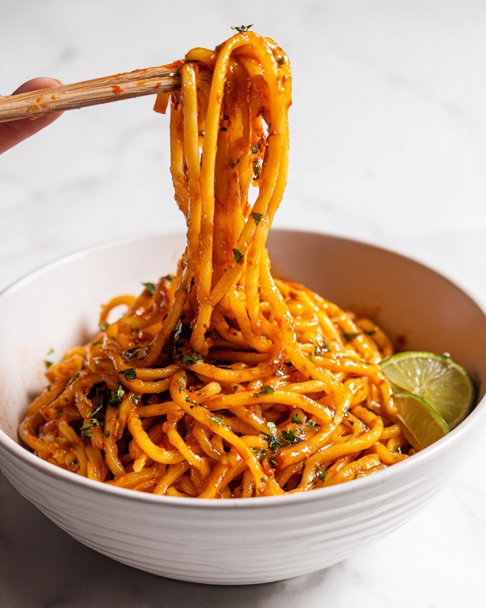 A white bowl filled with thick noodles coated in a shiny, orange-red sauce with specks of green herbs mixed throughout. Two wooden chopsticks held by a woman's hand lift some noodles above the bowl, showing the sauce's glossy texture. At the side inside the bowl, there are two small lime wedges adding a fresh touch. The bowl sits on a white marbled surface. photo taken with an iphone --ar 4:5 --v 7