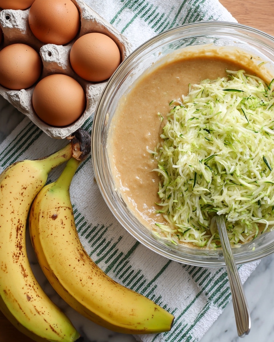 A clear glass bowl holds a smooth light brown batter filling the bottom and right side, while a large pile of finely shredded pale green zucchini sits on the left side on top of the batter. A metal spoon is partially visible dipping into the batter on the right side of the bowl. Nearby on a white and green striped cloth are two ripe bananas with yellow skin and brown spots, and to the left is a beige egg carton with five brown eggs. The whole setup rests on a white marbled surface. photo taken with an iphone --ar 4:5 --v 7
