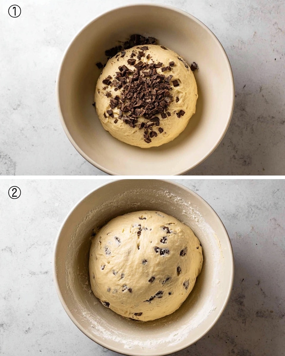 Two images show stages of dough in a white bowl on a white marbled surface. In the first image, the dough forms a smooth, round mound with rough, dark brown chocolate chunks spread on top mainly on one side, and some loose around the edges. In the second image, the dough is larger and fuller with a smooth, shiny surface and tiny dark chocolate specks mixed throughout. The bowl edges show a light flour dusting from kneading. photo taken with an iphone --ar 4:5 --v 7