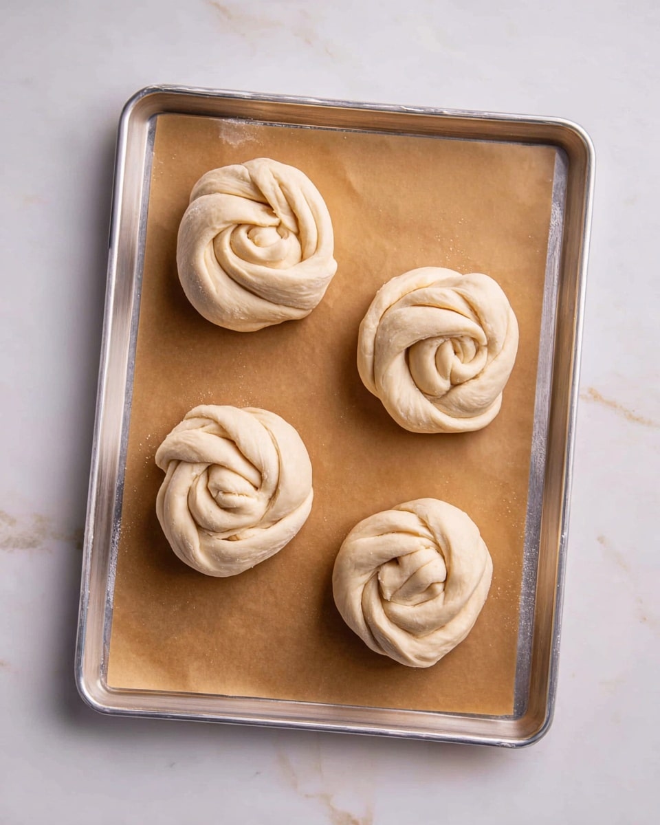 Four round dough pieces shaped like roses sit on brown paper on a silver baking tray. Each dough rose has multiple layers twisted and folded in a spiral pattern, showing a soft, pale beige color with a smooth but slightly textured surface. The tray is set on a white marbled background. Photo taken with an iphone --ar 4:5 --v 7