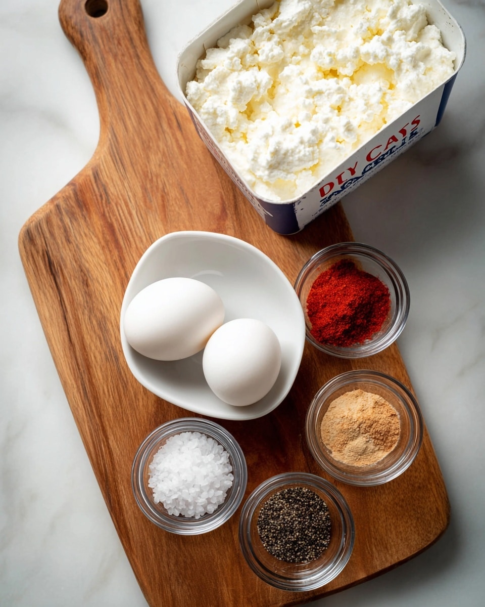 A wooden board sits on a white marbled surface with a tub of cottage cheese angled on the top right corner. Below it, a small white square bowl holds two white eggs. To the right of the bowl, there are three small clear glass bowls arranged in a row: the top one contains black pepper, the middle has a red spice like paprika, and the bottom holds a light brown powder. To the left of the red spice bowl, another small glass bowl filled with coarse white salt completes the arrangement. The scene is bright and clear, with a soft natural light. photo taken with an iphone --ar 4:5 --v 7