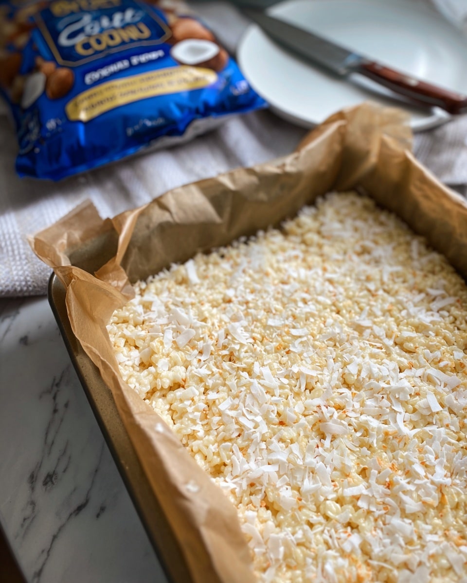 A close-up view shows a rectangular pan lined with brown parchment paper holding a single thick layer of light yellow crispy rice treat topped evenly with shredded toasted coconut, adding specks of white and golden brown across the surface, all set on a white marbled countertop; in the blurred background, a blue and gold bag of sweetened coconut is visible next to a white plate with a chef’s knife on it, enhancing the kitchen setting, photo taken with an iphone --ar 4:5 --v 7