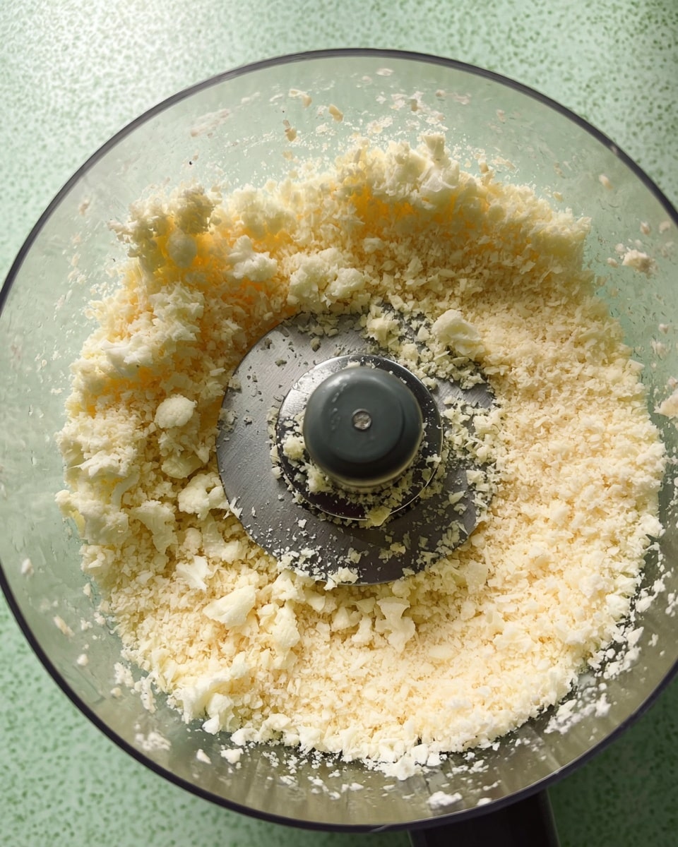The image shows a food processor bowl filled with finely ground, pale yellow cauliflower rice. The food processor blade is in the center, surrounded by small fluffy pieces of cauliflower that cover the bottom and stick slightly to the sides of the clear plastic bowl. The background behind the food processor has a soft green textured surface. photo taken with an iphone --ar 4:5 --v 7