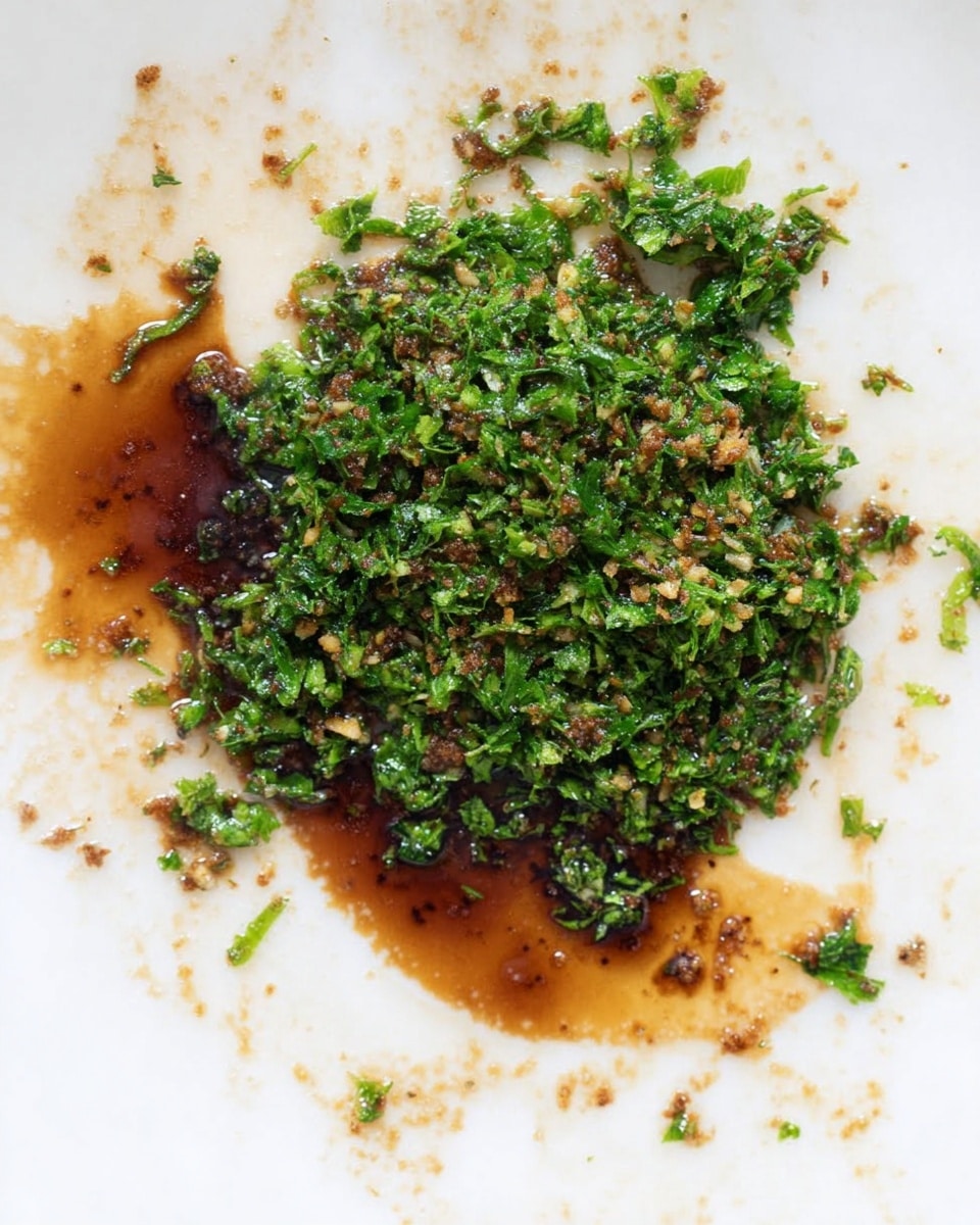 This image shows a single layer of finely chopped green herbs mixed with small bits of browned garlic and a dark brown sauce pooled beneath and around the herbs on a white surface with a white marbled texture. The colors include vibrant green from the herbs, light golden brown from the garlic bits, and a deep amber to dark brown liquid spread in an irregular shape. Some small fragments and stains scatter around the main cluster, giving a slightly oily, textured look. Photo taken with an iphone --ar 4:5 --v 7